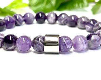 Amethyst & Stainless Steel Bracelet, Men/Women/Couples - February Birthstone - Healing Gemstone Bracelet