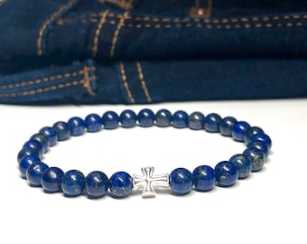Cruz de plata de ley, pulsera con piedras preciosas - Joyería cristiana/de protección - Lapislázuli, amatista, ónix, howlita blanca