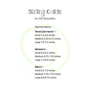 May include: Sizing guide for bracelets with approximate measurements in inches for teens, women, and men.
