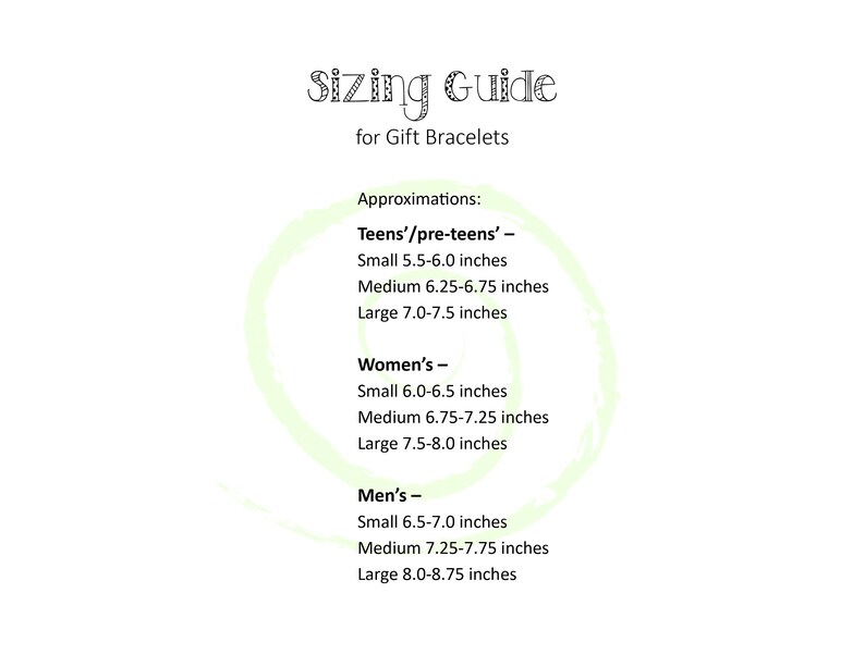 May include: Sizing guide for bracelets with approximate measurements in inches for teens, women, and men.