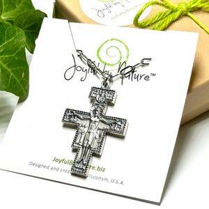 Cross Pendant Necklace - Saint Francis of Assisi - Catholic Crucifix - San Damiano Italian Cross - Custom Length Stainless Steel Chain