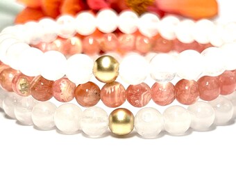 Natural White Jade Bracelet/Set - Matte 14K Gold - Heart Chakra - Love, Luck, Prosperity, Protection - Pink Rhodochrosite