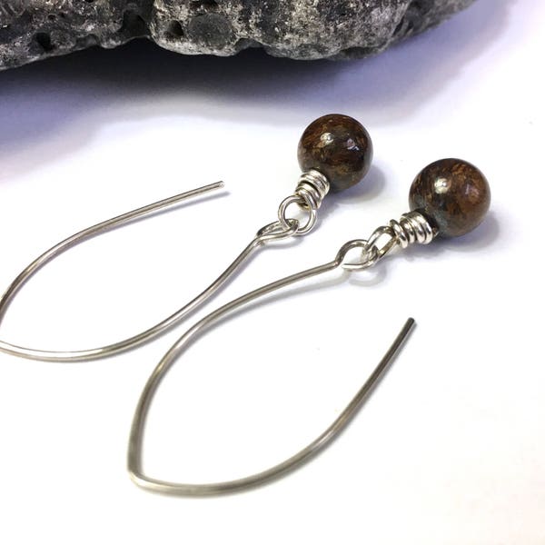 Long Sterling Silver Earrings - Women’s Gemstone Earrings - Wire-Wrapped Earrings - Earthy Bronzite Jewelry