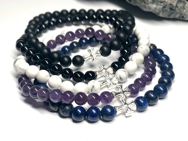 Sterling Silver Cross Bracelet Slim Spiritual Bracelet Customize with Amethyst, Lapis Lazuli, Jade, Onyx & More image 2