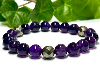 Amethyst and Pyrite Bracelet or Set of 2 for Men/Women/Couples  - Valentine Gift - February Birthstone - Love, Creativity, Intuition