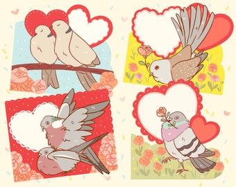 Tarjetas de Palomas y Palomas de San Valentín, Conjunto de Tarjetas de San Valentín Imprimibles, Tarjeta de San Valentín Divertida, Postales de Pájaros de San Valentín, Digital