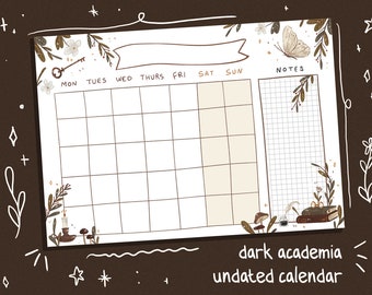 Dark Academia Printable Undated Monthly Planner, Printable Calendar, Printable Stationery, Morikei, Cottagecore, Light Academia, Witch