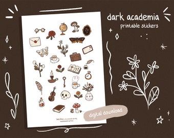 Pegatinas imprimibles de Dark Academia, Bullet Journal, Bujo Stickers, Juego de pegatinas imprimibles, Descarga digital, Papelería imprimible Cottagecore