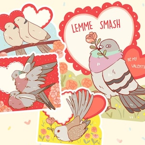Tarjetas de palomas y tórtolas para San Valentín, juego de tarjetas imprimibles para San Valentín, divertidas tarjetas de San Valentín, postales de pájaros para San Valentín, digitales