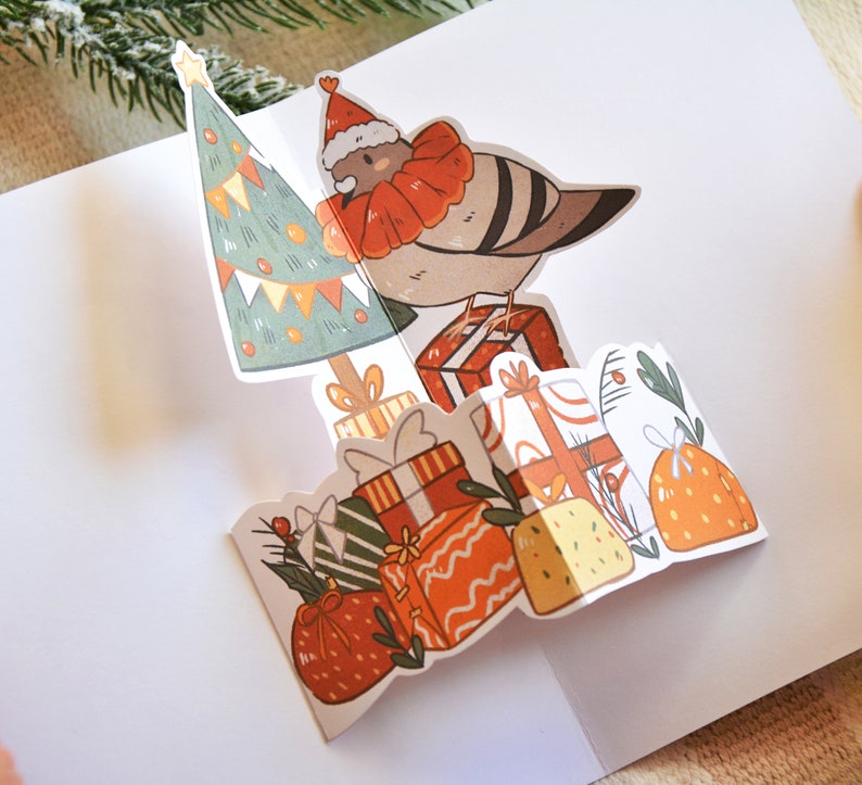 Christmas Pigeon Pop Up Card, Digital Download, Paper Craft, Xmas Pop Up card, Holiday Card, Christmas Postcard image 1