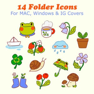 Spring Showers | Set of Aesthetic Desktop Folder Icons, for MAC and Windows, & Instagram Highlight Covers | Cottagecore Spring Cute Frog