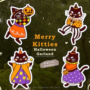 Merry Kitties Printable Halloween Garland, DIY Halloween Decoration, Halloween flag, Halloween Banner, Witch Garland, Spooky Cute Cats