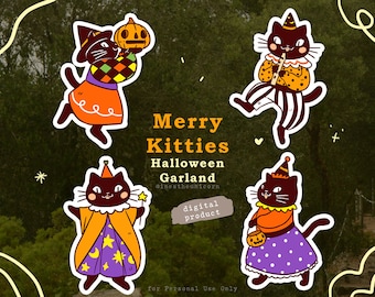 Merry Kitties Imprimible Guirnalda de Halloween, Decoración DIY de Halloween, Bandera de Halloween, Estandarte de Halloween, Guirnalda de Brujas, Gatos Lindos Espeluznantes