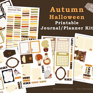 May include: A collection of printable journal and planner kit pages with an autumn and Halloween theme. The pages feature decorative elements like pumpkins, ghosts, and bats in shades of orange, brown, and beige. Includes various templates for journaling and planning.