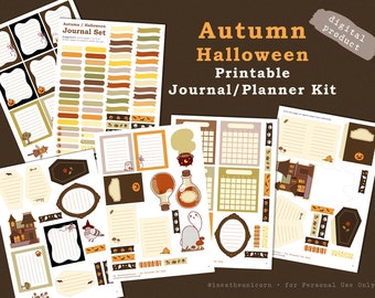 Autumn / Halloween Printable Journal / Planner Kit, Bullet Journal, Bujo, Stickers, Printable Stationery, Cottagecore, Digital Planner Set