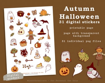 Set of Autumn / Halloween Digital Stickers, Printable Sticker Sheet, Cottagecore Fall Dark Academia Witch Cozy Planner Journal Sticker Pack