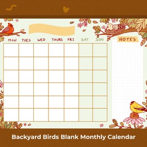 Backyard Birds Printable Undated Monthly Calendar Planner, Cute Digital Open Calendar, Printable Stationery for Bird Fans, Birds from the US image 1