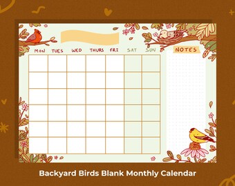 Backyard Birds imprimible planificador de calendario mensual sin fecha, lindo calendario abierto digital, papelería imprimible para fanáticos de las aves, aves de los EE. UU.
