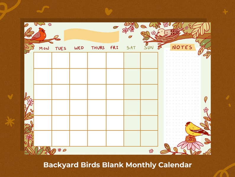 Backyard Birds Printable Undated Monthly Calendar Planner, Cute Digital Open Calendar, Printable Stationery for Bird Fans, Birds from the US image 1