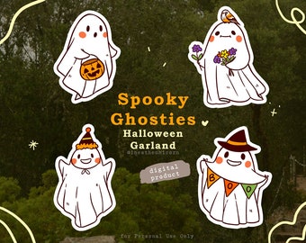 Spooky Ghosties Imprimible Guirnalda de Halloween, Decoración DIY de Halloween, Bandera de Halloween, Estandarte de Halloween, Guirnalda de Brujas, Fantasmas Lindos Espeluznantes