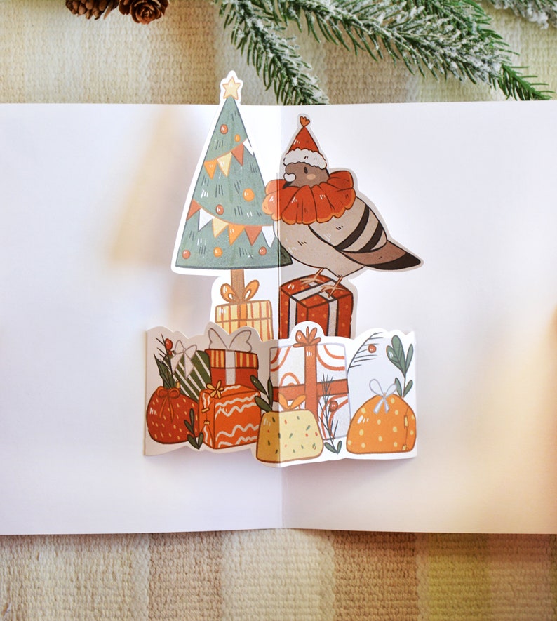 Christmas Pigeon Pop Up Card, Digital Download, Paper Craft, Xmas Pop Up card, Holiday Card, Christmas Postcard image 2