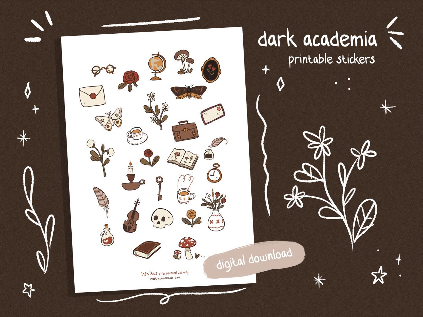 Printable Dark Academia Stickers, Bullet Journal, Bujo Stickers, Printable  Sticker Set, Digital Download, Printable Stationery Cottagecore 