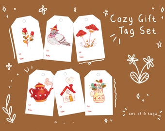 Set of  Illustrated Printable Cozy Gift Tags | Christmas Holiday Illustrated Gift Tag set | Cottagecore Gift Tags | Mori Kei | Woodland