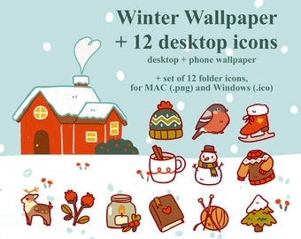 Set of Winter Wallpaper and Desktop Folder Icons, for MAC and Windows, Cottagecore Cozy Snow Hygge Wallpaper Desktop Folder Icons