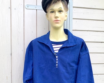 French Marine Fisherman Smock Dark Bugatti Blue vintage workwear, chore jacket France Size XL bleu de travail