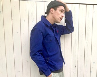 Italian chore jacket, deep indigo blue, construction worker chore coat, Adjustable Side half Belts with Buckles, Mens Size L workwear