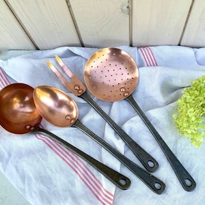 HAVARD French copper & iron stamped kitchen hanging utensils, made in Villedieu France, heavyweight copperware, rustic farmhouse kitchen