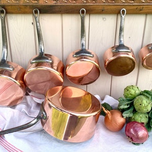 6 pce Vintage French Copper Pot set, 1.4mm, copper rivets, hanging decor country farmhouse kitchen France, for re-tinning