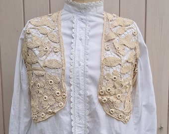 Bolero antiguo francés de encaje de ganchillo: algodón color crema, hecho a mano, década de 1940, talla S