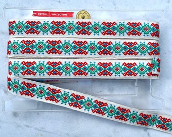 3m French vintage embroidered cotton braid trim, 3.28 yards red & green passementerie trimming, craft project, sewing, interior decor