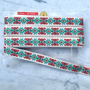 French Vintage Embroidered Cotton Braid Trim: Red & Green Geometric Passementerie