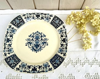 Antiker Französischer Keramik Compotier: Ibis Blue von Gien Transferware Tortenplatte