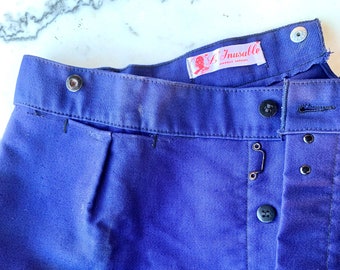 MOLESKIN Deadstock Vintage French indigo blue chore pants made in France by L'Inusable, W40" L32", braces/cinch buckle, painter worker pants