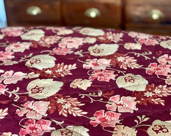 Antique French hand quilted wool filled duvet quilt bed cover, deep burgundy red floral cotton boutis,  72" x 73"  Stunning piece