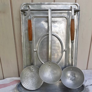 French antique Art Deco ladle rack and 3 utensils, aluminium wall rack, rustic Kitchen utensil holder, country farmhouse decor and storage