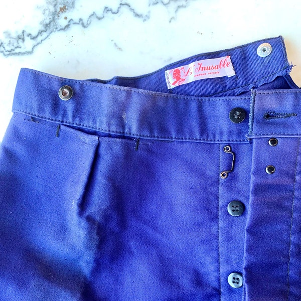 MOLESKIN Deadstock Vintage French indigo blue chore pants made in France by L'Inusable, W40" L32", braces/cinch buckle, painter worker pants