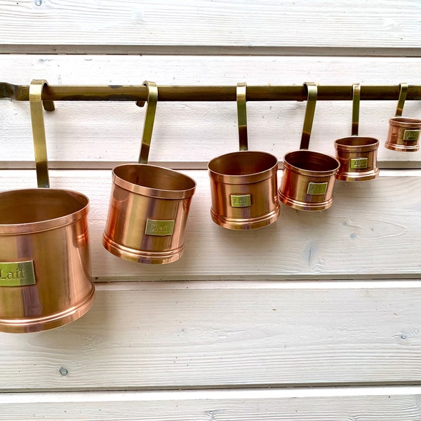 French vintage copper and brass hanging small milk measuring ladles, great condition, brass name plates, country farmhouse kitchen decor