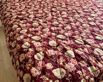 Antique French Quilted Bed Cover: Burgundy Floral Cotton Boutis (72" x 73")