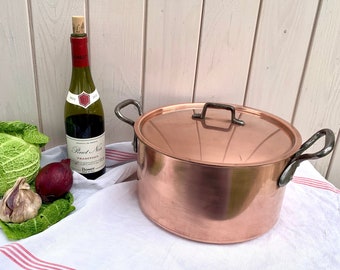 XL French Round Copper 10" Stockpot / Dutch Oven, Rondeau Cocotte Marmite Casserole, iron handles, Professional Cuisine France, Farmhouse