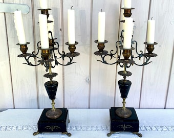 French antique pair of marble & metal 5 branch candelabras, heavy decorative, circa 1900 Napolean III, stunning Victorian interior decor