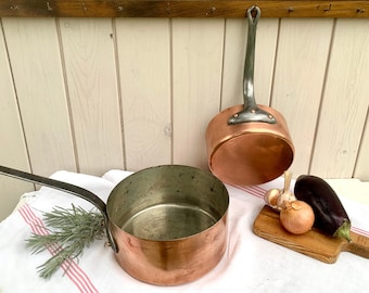 2 ANTIQUE French 1mm copper pots, stamped copper pans 18 & 22cm, iron handles, copper rivets, rustic country farmhouse kitchen decor