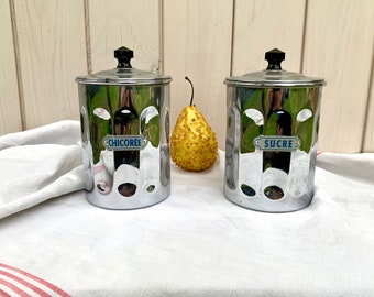 2 French mid century rigid chrome storage canisters, name plates Sucre and Chicoree, vintage kitchenware, country farmhouse, Christmas gift