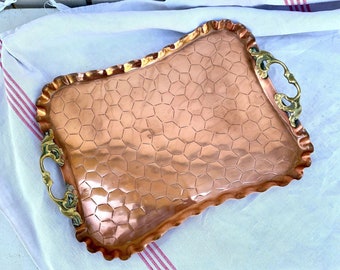 Beautiful small French antique copper serving tray, early 1900s style, stamped copperware, housewarming gift, wedding present