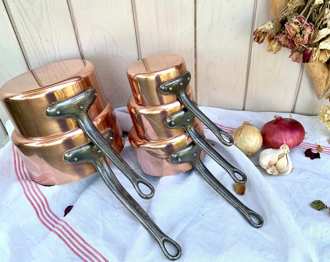 French Vintage 1mm Stamped Copper Pots, Tin Lining, Perfect Starter Set