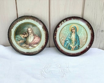 2 small Antique French framed religious illustrations, Mary Jesus, Sant Christopher, unique housewarming or wedding gift