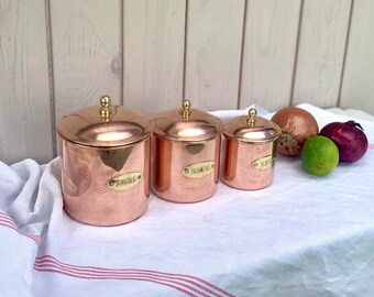 Set of 3 French copper nesting canisters, brass name plates Sucre, Cafe, The, Rustic Modern Decor, great condition